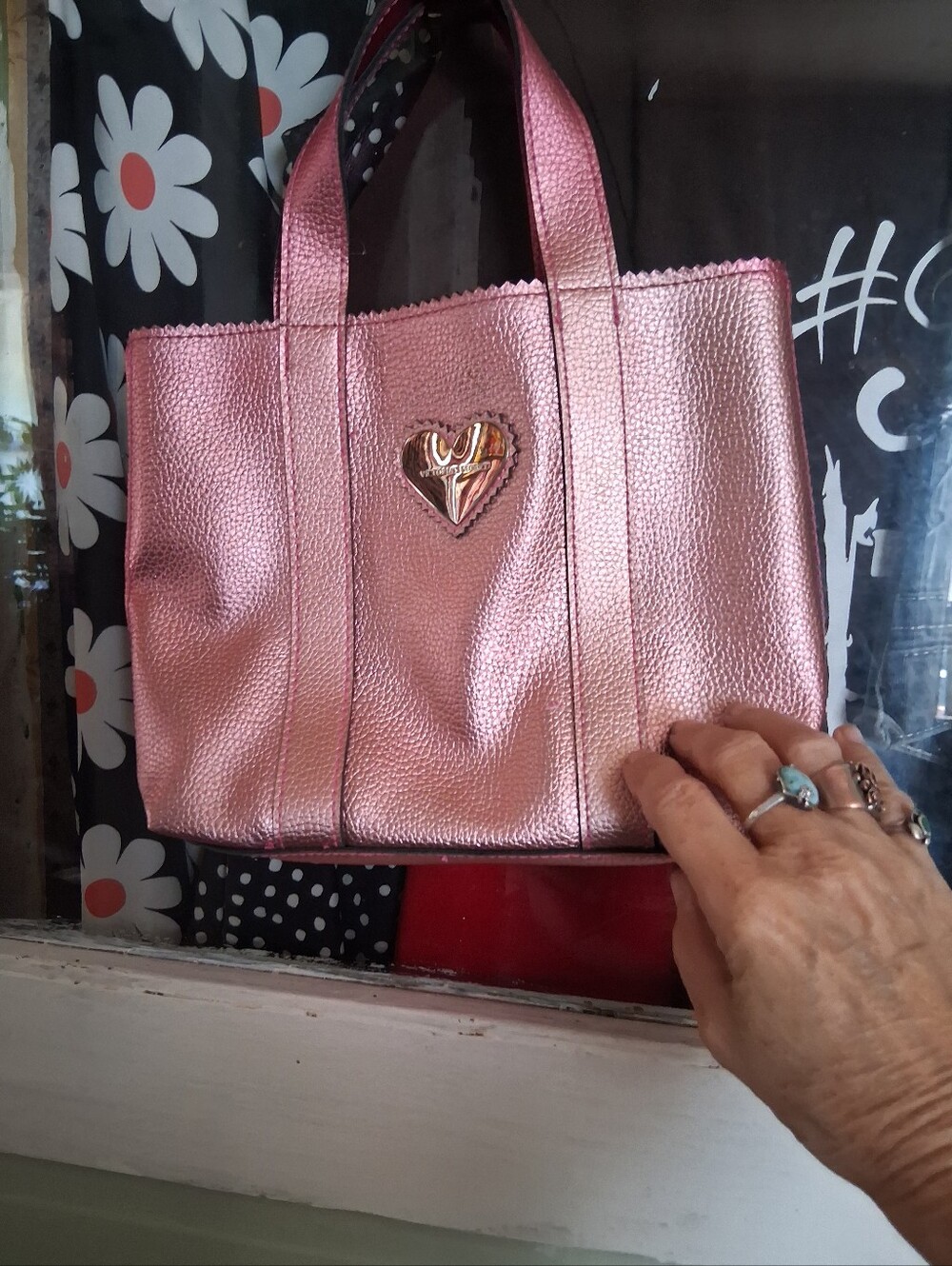 PINK Victoria's Secret Metallic Rose Pink Heart Tote
